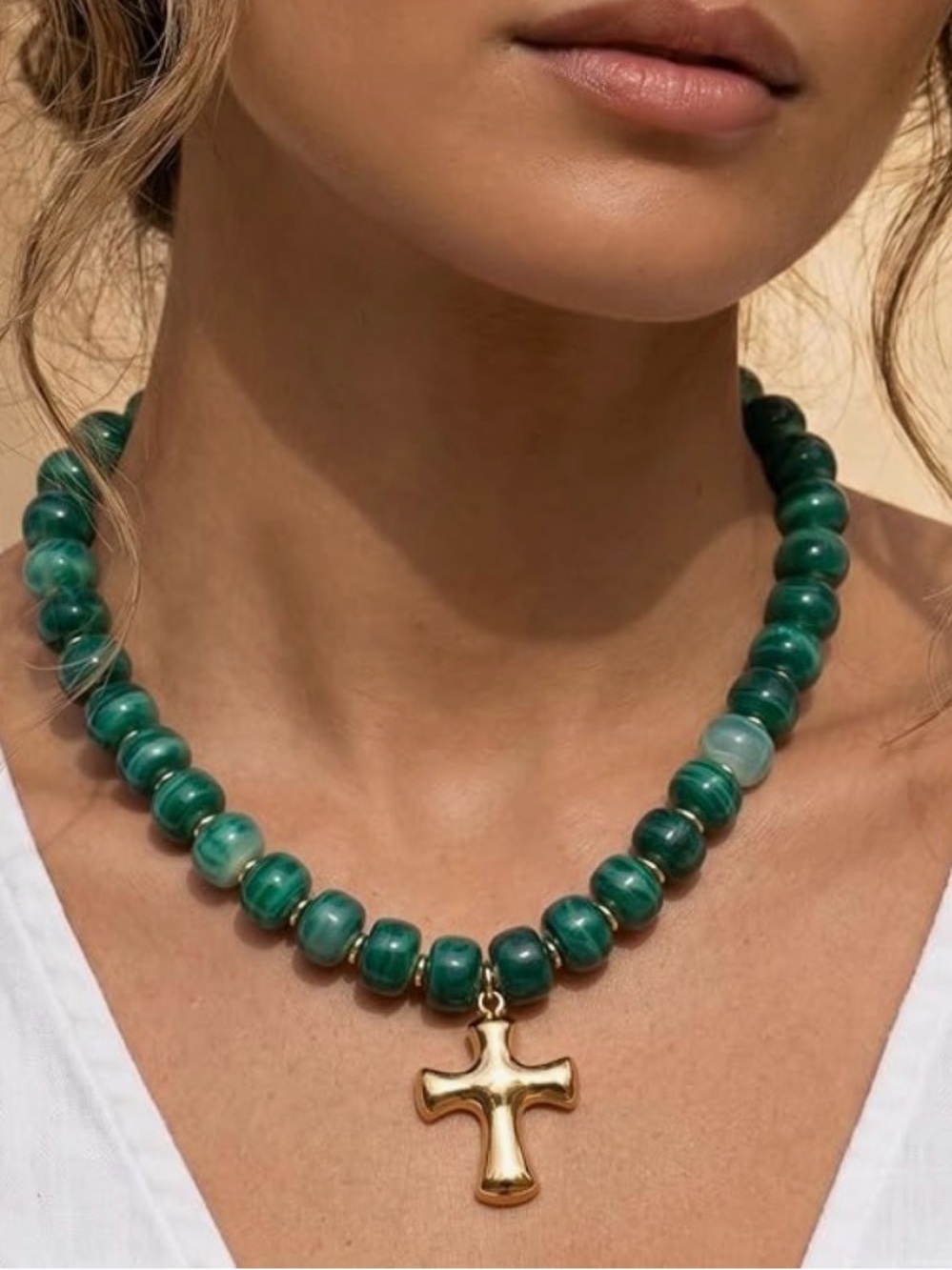 Gold Cross Pendant Necklace with Green milky Resin Beads